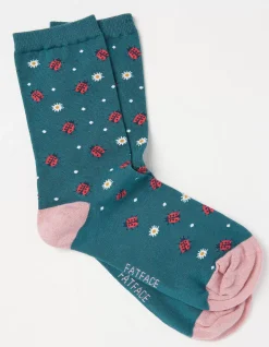 FatFace 1 Pack Ditsy Ladybird Socks Light Teal Green New