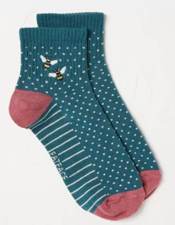 FatFace 1 Pack Embroidered Bee Rib Socks Teal Green New