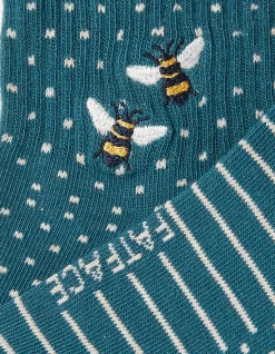 FatFace 1 Pack Embroidered Bee Rib Socks Teal Green New