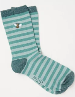 FatFace 1 Pack Embroidered Bee Stripe Socks Green Haze New