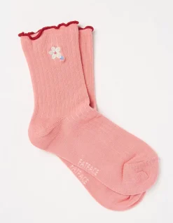 FatFace 1 Pack Flower Rib Socks Coral Pink Hot