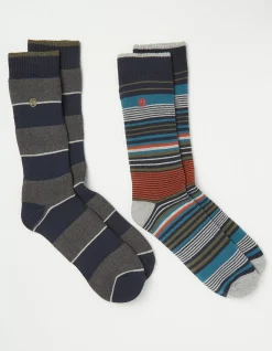 FatFace 2 Pack Thermal Stripe Boot Socks Khaki Green