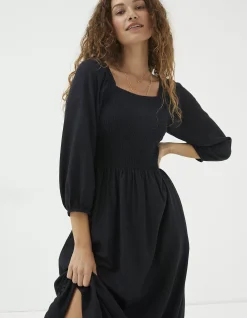 FatFace Adele Shirred Midi Dress Black New
