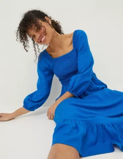FatFace Adele Shirred Midi Dress Cobalt Blue New
