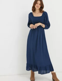 FatFace Adele Shirred Midi Dress Bright Blue Hot
