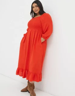 FatFace Adele Shirred Midi Dress Bright Red Best