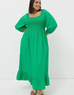 FatFace Adele Shirred Midi Dress Bright Green Sale
