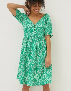 FatFace Aideen Linen Blend Leaf Dress Bright Green