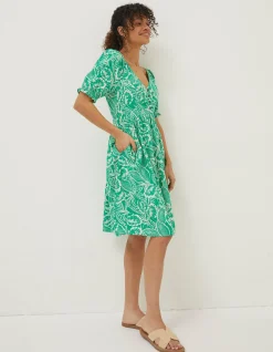 FatFace Aideen Linen Blend Leaf Dress Bright Green
