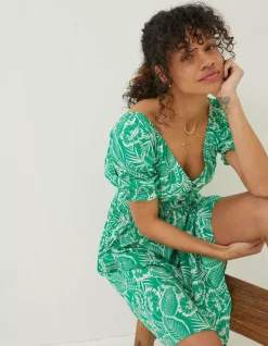 FatFace Aideen Linen Blend Leaf Dress Bright Green