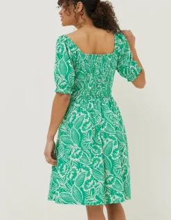 FatFace Aideen Linen Blend Leaf Dress Bright Green