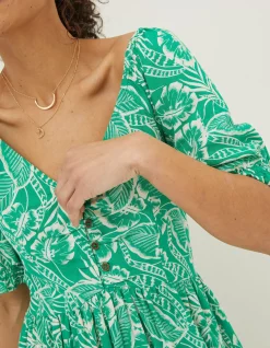 FatFace Aideen Linen Blend Leaf Dress Bright Green