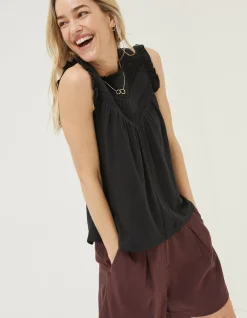 FatFace Ali Frill Sleeve Top Black New