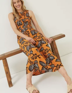 FatFace Anna Vine Floral Midi Dress Golden Yellow Clearance