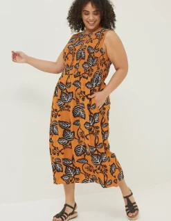 FatFace Anna Vine Floral Midi Dress Golden Yellow Clearance