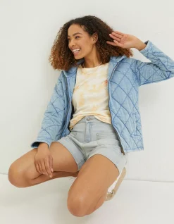 FatFace Asher Quilted Zip Through Hoodie Light Blue Clearance