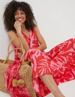 FatFace Avery Ikat Leaves Midi Dress Bright Red New