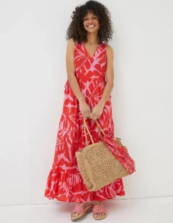 FatFace Avery Ikat Leaves Midi Dress Bright Red New