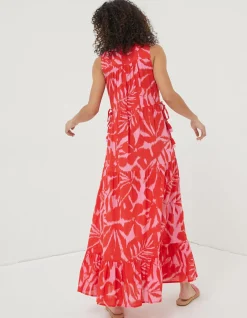FatFace Avery Ikat Leaves Midi Dress Bright Red New