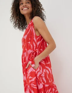 FatFace Avery Ikat Leaves Midi Dress Bright Red New