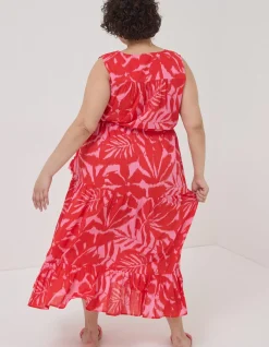 FatFace Avery Ikat Leaves Midi Dress Bright Red New