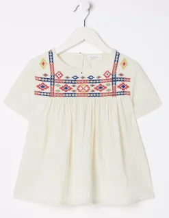 FatFace Aztec Embroidered Top Ivory New