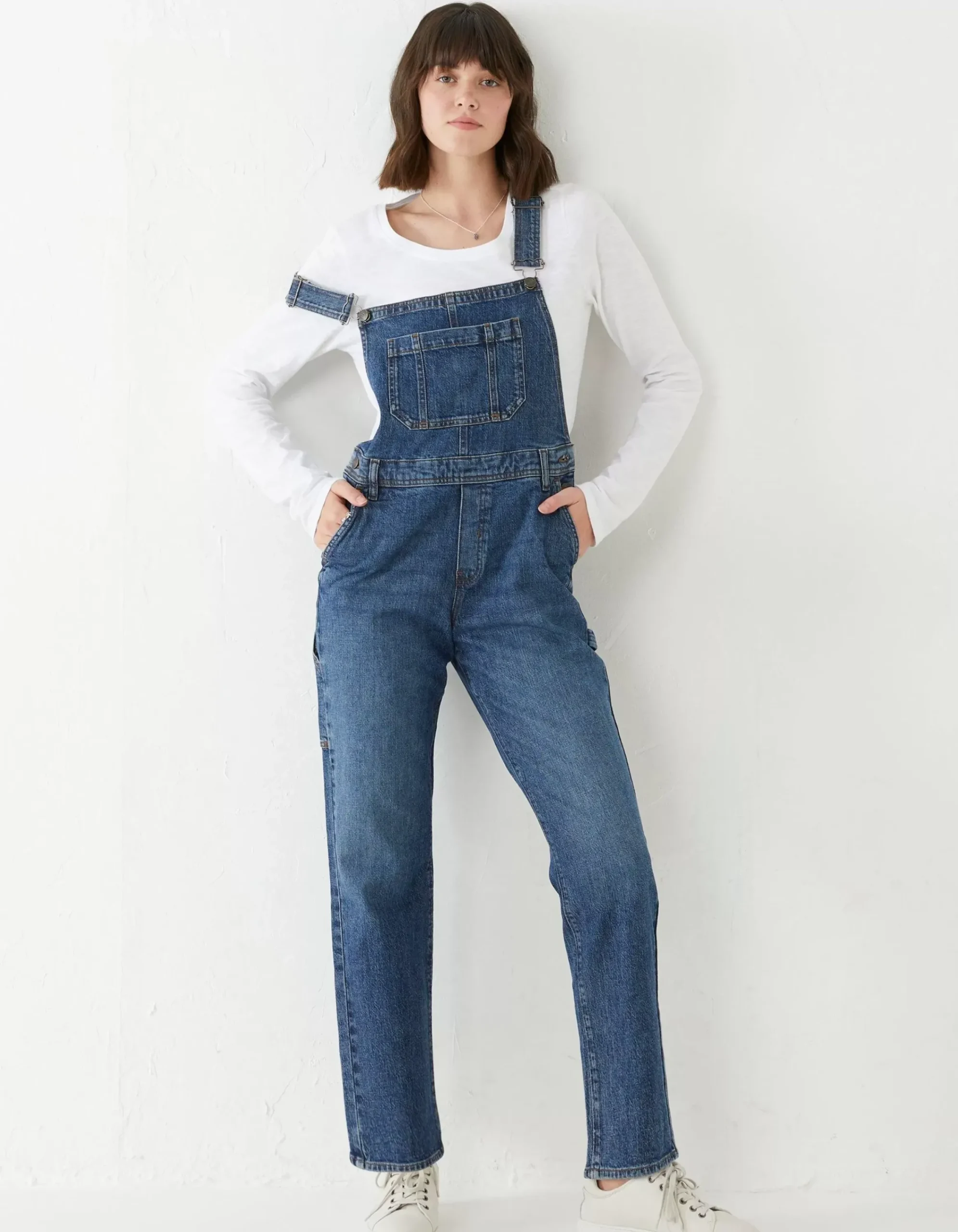 FatFace Banbury Straight Leg Denim Dungarees Mid Blue Outlet