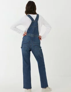 FatFace Banbury Straight Leg Denim Dungarees Mid Blue Outlet