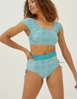 FatFace Bandana Cap Sleeve Bikini Top Turquoise Blue Hot