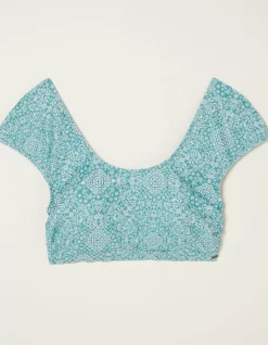 FatFace Bandana Cap Sleeve Bikini Top Turquoise Blue Hot