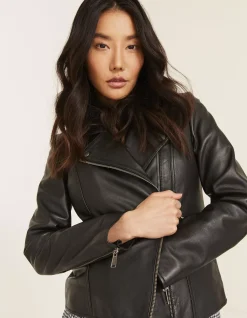 FatFace Bethany Biker Leather Jacket Black Outlet