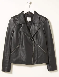 FatFace Bethany Biker Leather Jacket Black New