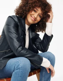 FatFace Bethany Biker Leather Jacket Black Hot