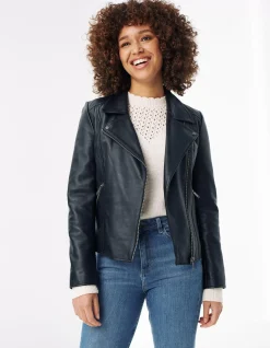 FatFace Bethany Biker Leather Jacket Black Hot