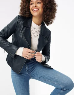 FatFace Bethany Biker Leather Jacket Black Hot