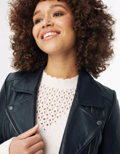 FatFace Bethany Biker Leather Jacket Black Hot