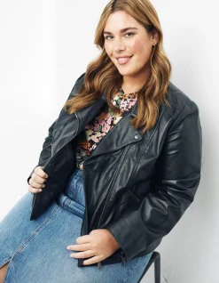 FatFace Bethany Biker Leather Jacket Black Hot