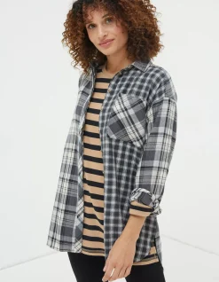 FatFace Billie Longline Check Shirt Dark Grey Discount
