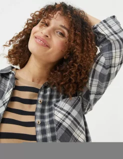 FatFace Billie Longline Check Shirt Dark Grey Discount