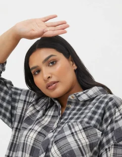 FatFace Billie Longline Check Shirt Dark Grey Discount