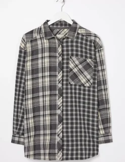 FatFace Billie Longline Check Shirt Dark Grey Discount