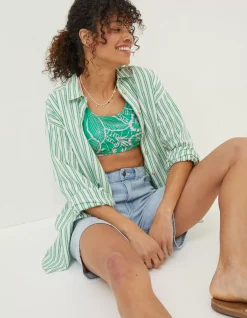 FatFace Billie Stripe Longline Shirt Bright Green Discount
