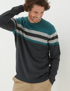 FatFace Braunton Yoke Stripe Jumper Teal Green Best