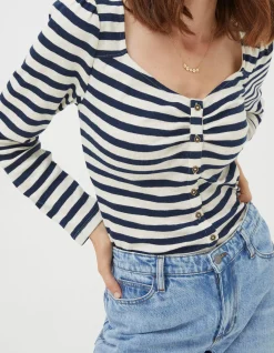 FatFace Carly Stripe Top Navy New