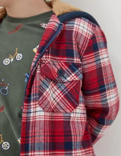 FatFace Check Hooded Shacket Cherry Red Sale