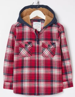 FatFace Check Hooded Shacket Cherry Red Sale