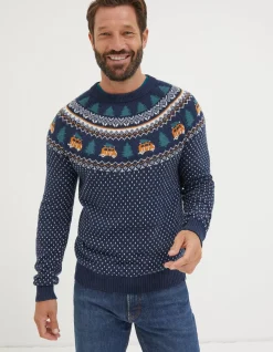 FatFace Christmas Campervan Fairisle Jumper Navy Sale