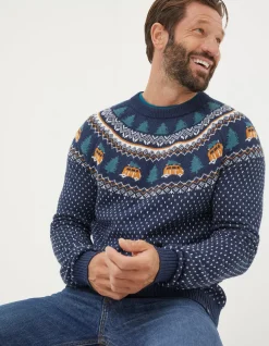 FatFace Christmas Campervan Fairisle Jumper Navy Sale