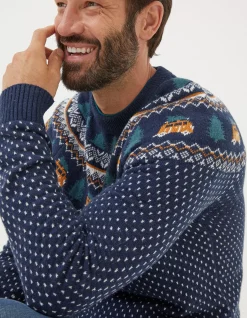 FatFace Christmas Campervan Fairisle Jumper Navy Sale