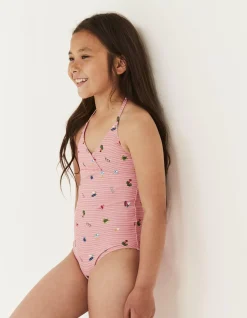 FatFace Conversational Stripe Swimsuit Sunny Coral Clearance
